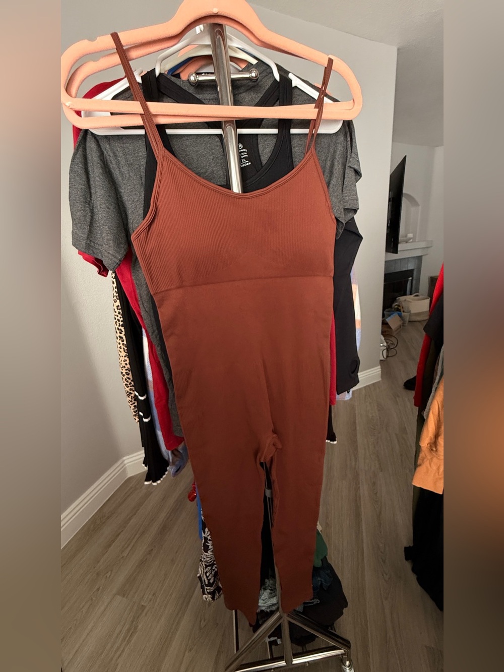 Ribbed Spaghetti-Strap Jumpsuit in Rust